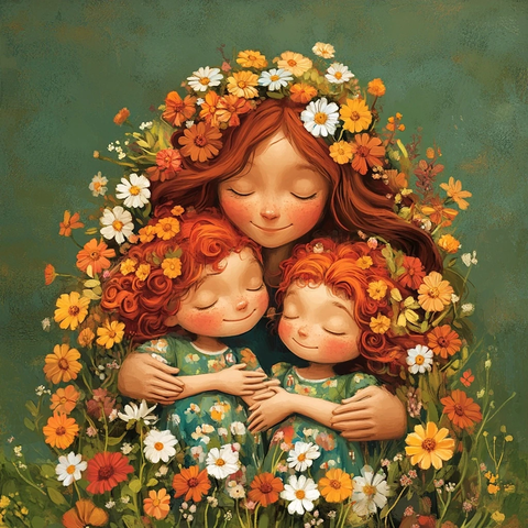 母亲与花朵孩子拥抱