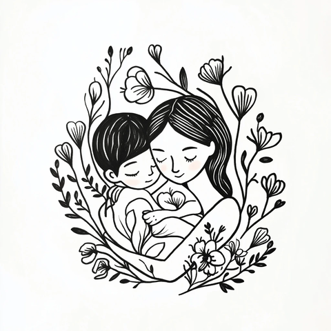 母子相拥花卉线条图