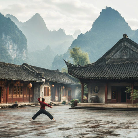 古建筑庭院中练武术的人