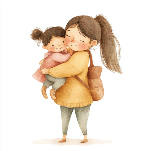 妈妈背女儿卡通插画
