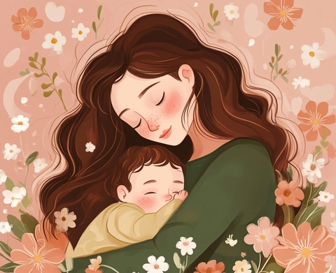 母亲怀抱婴儿花卉环绕
