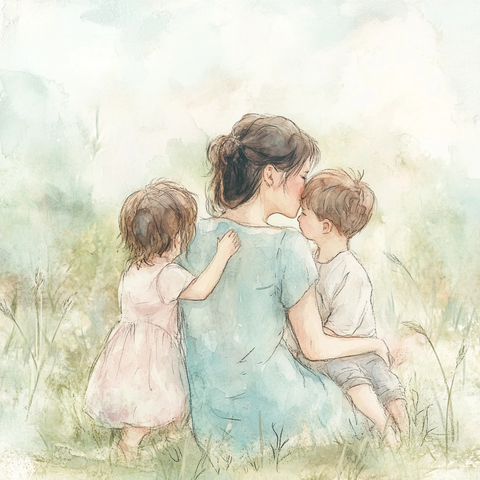 母子草地温馨拥抱亲吻