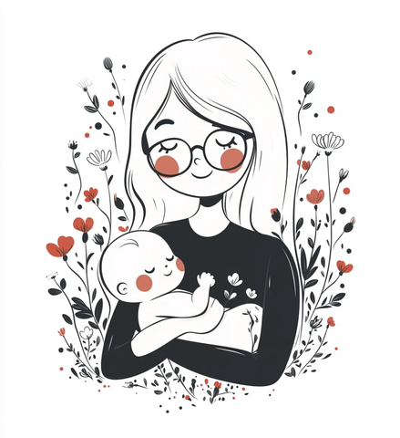 母亲抱婴儿花朵插画