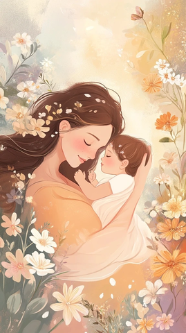 母亲抱女儿花丛中