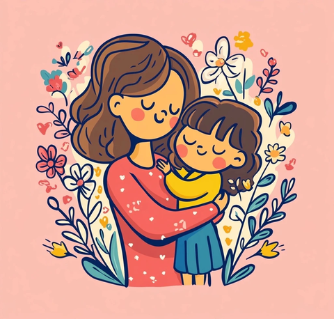 母女拥抱花丛卡通画