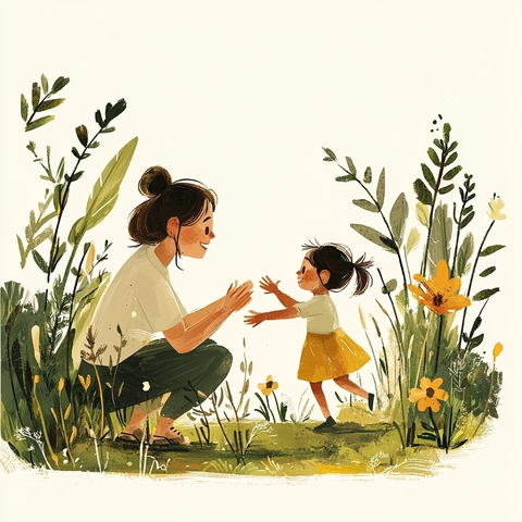 母亲蹲迎女儿奔跑场景