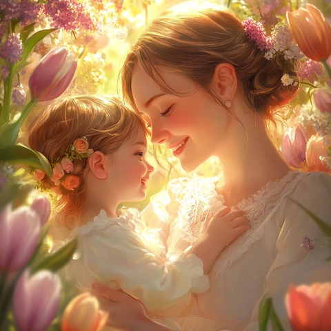 母亲与孩子春日花间