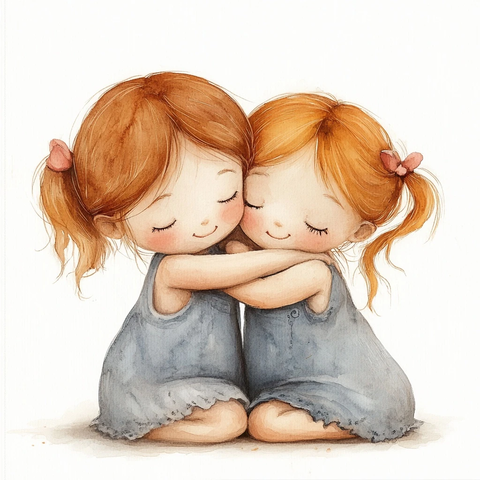 双胞胎女孩相拥水彩