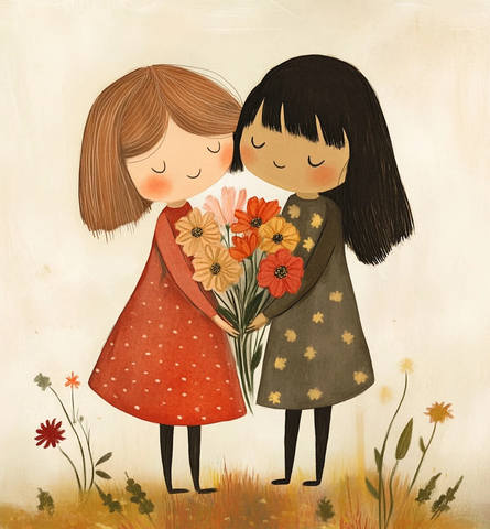 女孩手持花朵插画