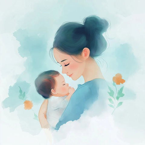 母亲抱婴儿水彩风格