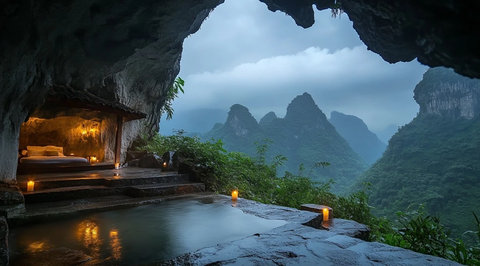 山洞内景外是云雾缭绕的群山