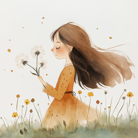 女孩吹散蒲公英与小花