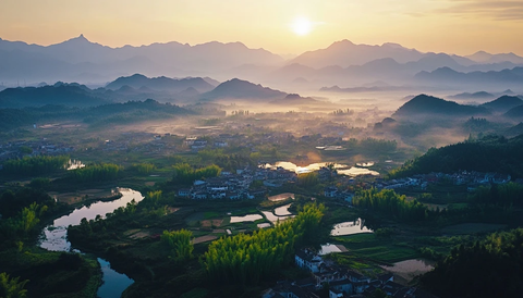 山间村庄的壮丽日出全景