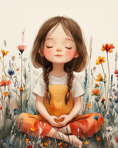 小女孩坐花丛中冥想