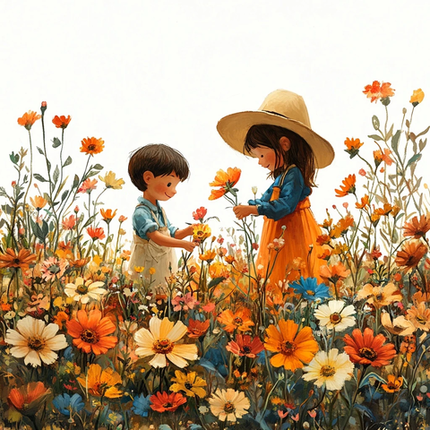 孩子们种花在花田中