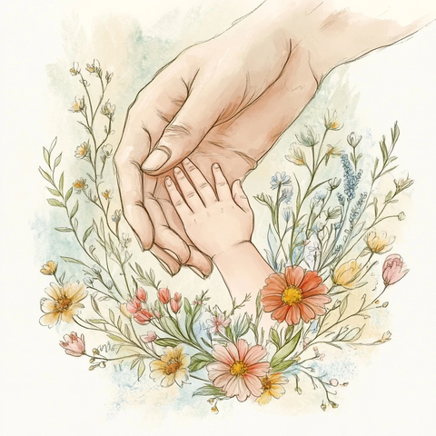 宝宝小手与父母牵手的温馨插画