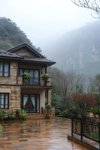山间带庭院的两层别墅外景