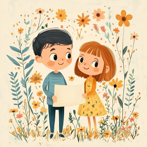 男孩女孩鲜花纸张插画