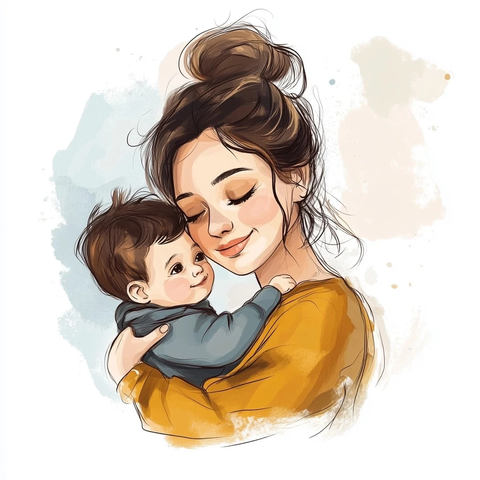 母子拥抱插画