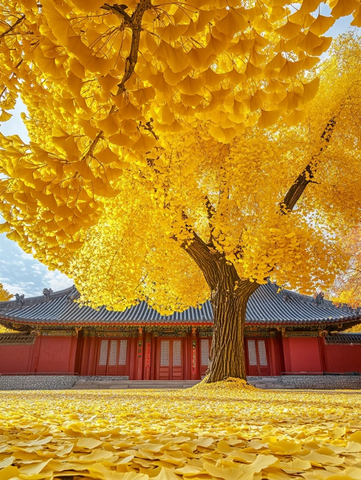 古建筑前的金黄银杏树