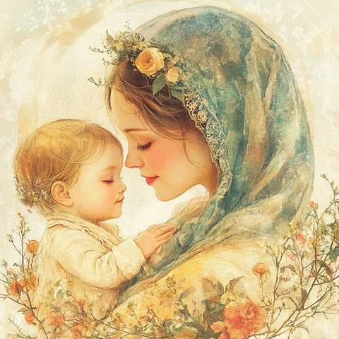 母亲抱婴儿柔和光芒