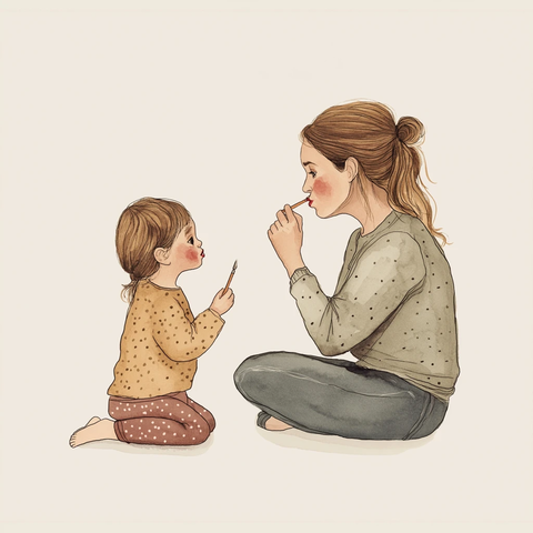 女人与孩子涂口红坐地