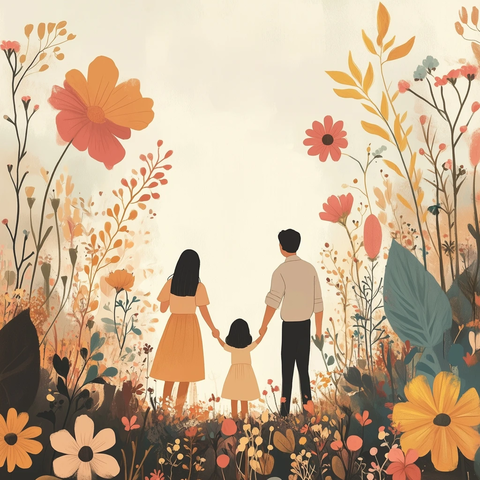 两人牵手小女孩幼儿园漫步