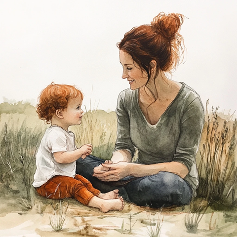 母女水彩画全身体