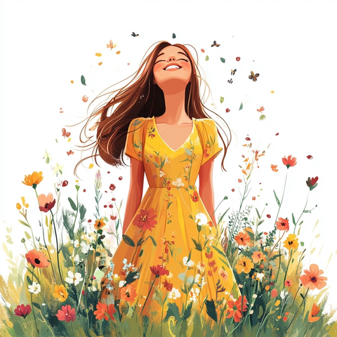 黄裙女子站立花丛中