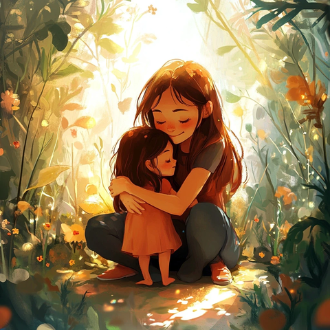 小女孩蹲下拥抱小妹妹