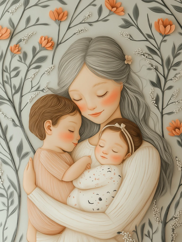 母亲怀抱双胞胎与花朵