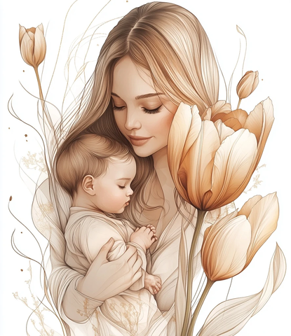 母亲抱新生儿与大花郁金香