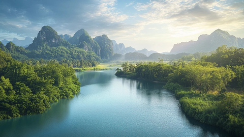 山水相依的自然风光鸟瞰全景