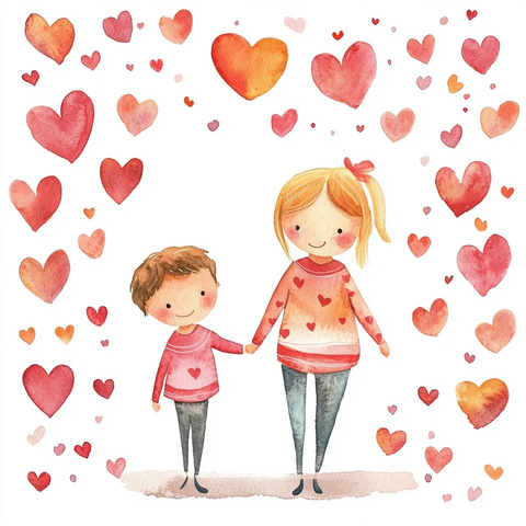 母亲与儿子牵手心形环绕