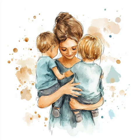 母亲抱孩子水彩插画