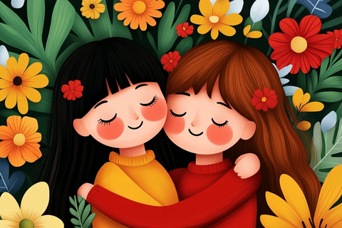 好友相拥微笑展现真挚情谊