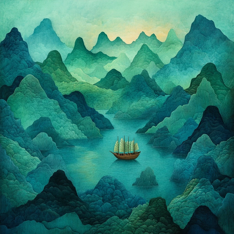 山水间的孤舟水墨风格的自然风光