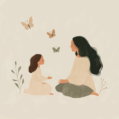 母亲与女儿坐地对话