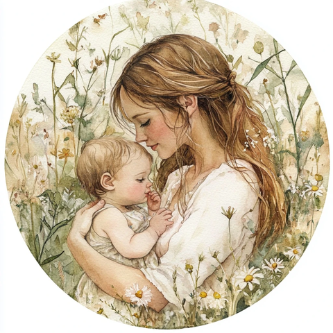 年轻妈妈抱着婴儿背景野花