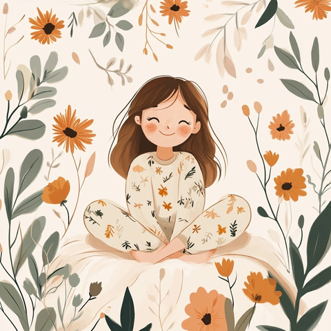 女孩坐在床上微笑周围花朵