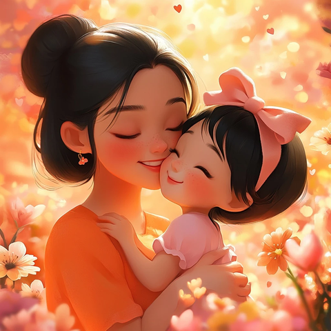 母女拥抱亲吻鲜花环绕