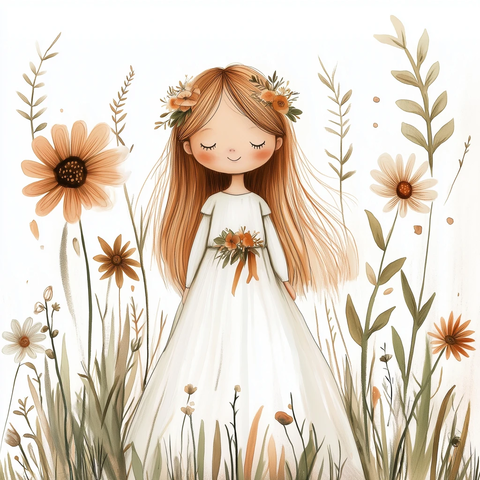 女孩长裙花带草地插画