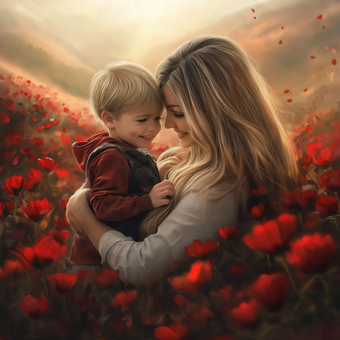 妈妈抱儿子站在红花海