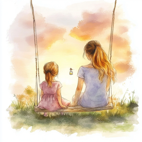 母女荡秋千与日落