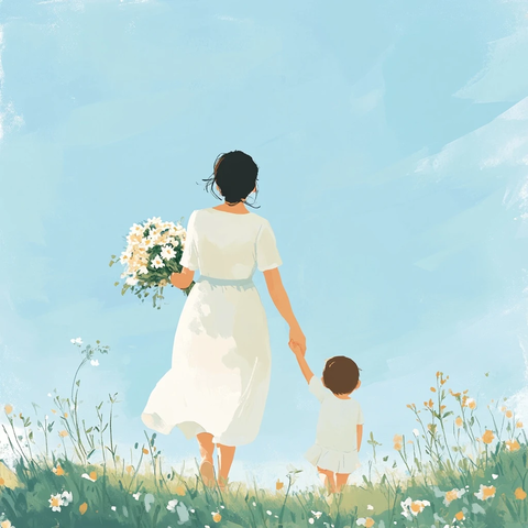 孕妇牵童手捧花束