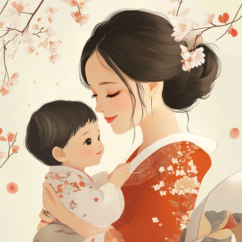 亚洲女性与孩子插画