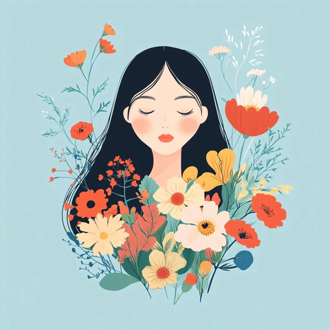 亚洲女性手持鲜花闭目肖像