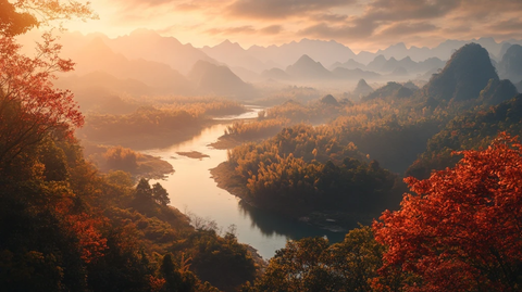 山间河流的壮丽秋景