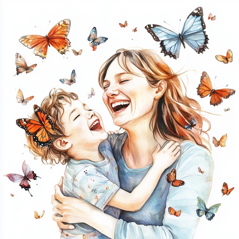 母子笑声与蝴蝶共舞