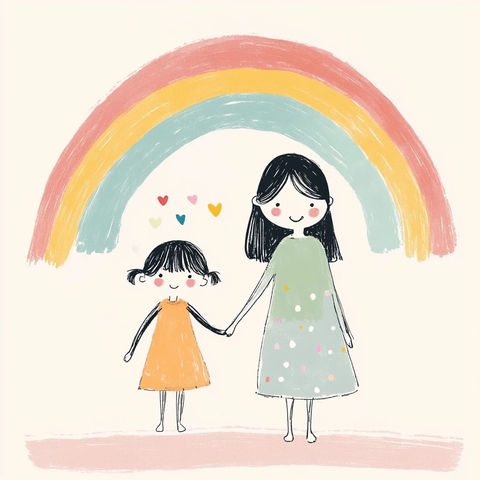 母子牵手彩虹背景